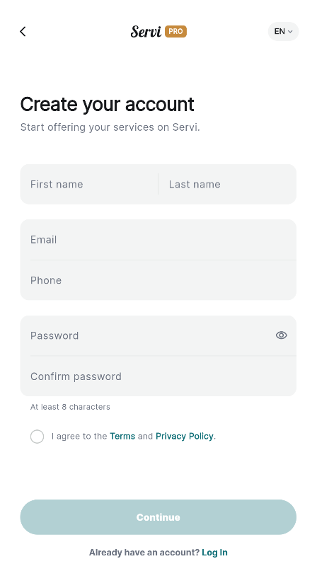 The Servi Pro app's Create your account screen
